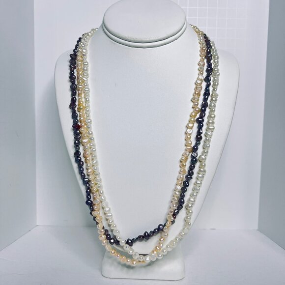 Unbranded Jewelry - Set Of 3 Freshwater Pearl Necklaces White Cream & Black W/Sterling Clamp (5881)